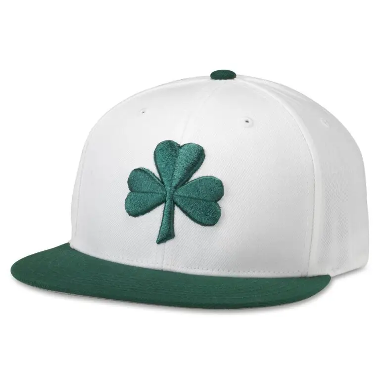 White and green snapback cap with embroidered shamrock design