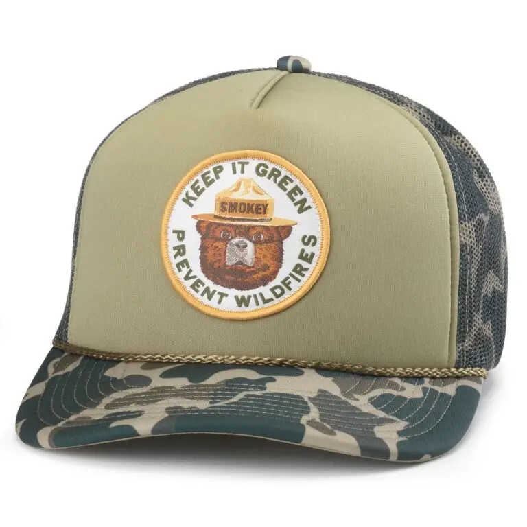 Green and camo trucker hat with Smokey Bear patch and wildfire prevention message