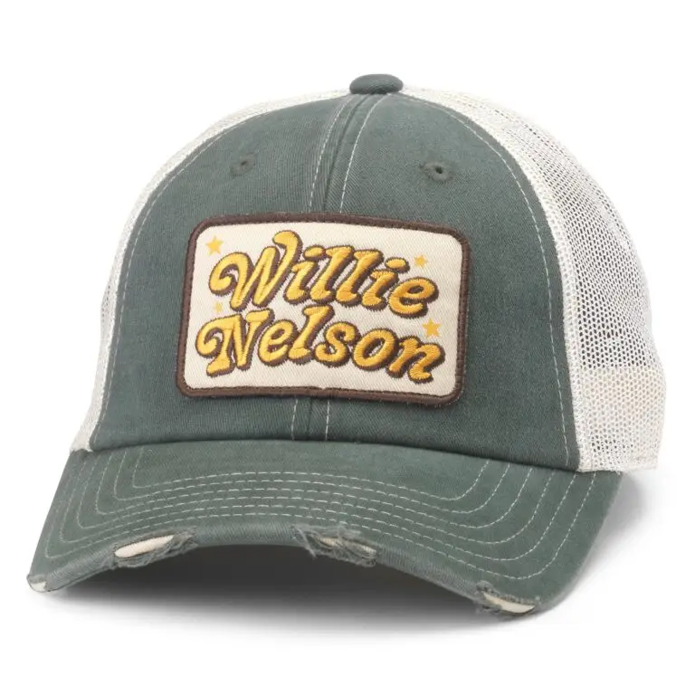 Green mesh hat with Willie Nelson logo patch in yellow and white