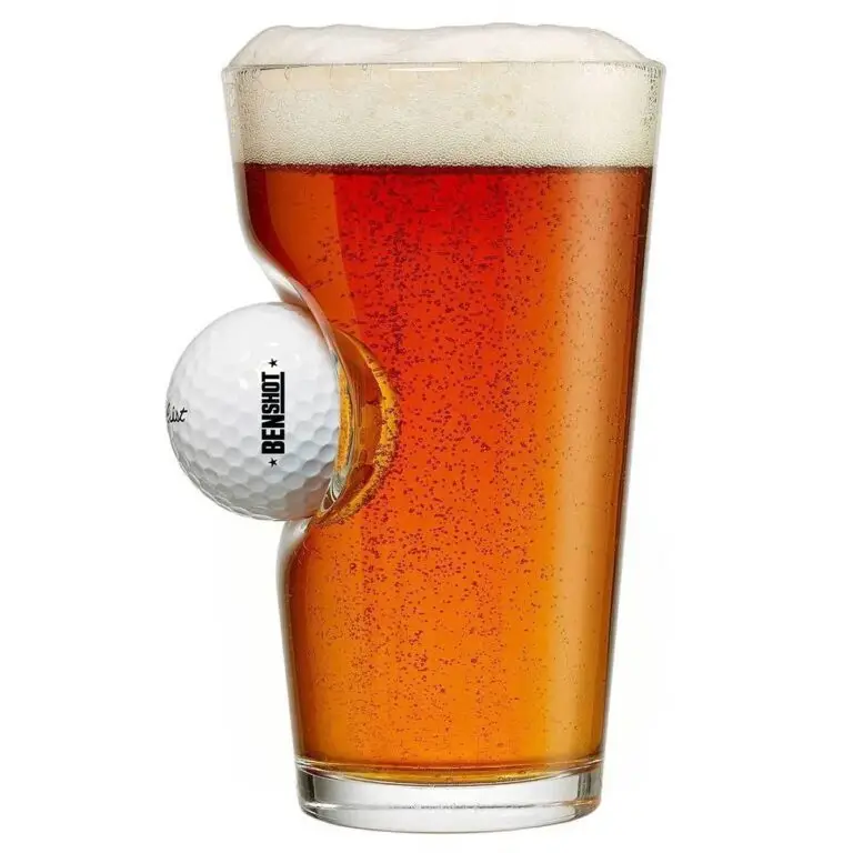 BenShot pint glass with embedded golf ball and beer