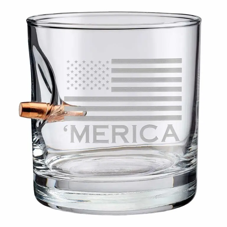 'Merica etched whiskey glass with embedded bullet and flag design