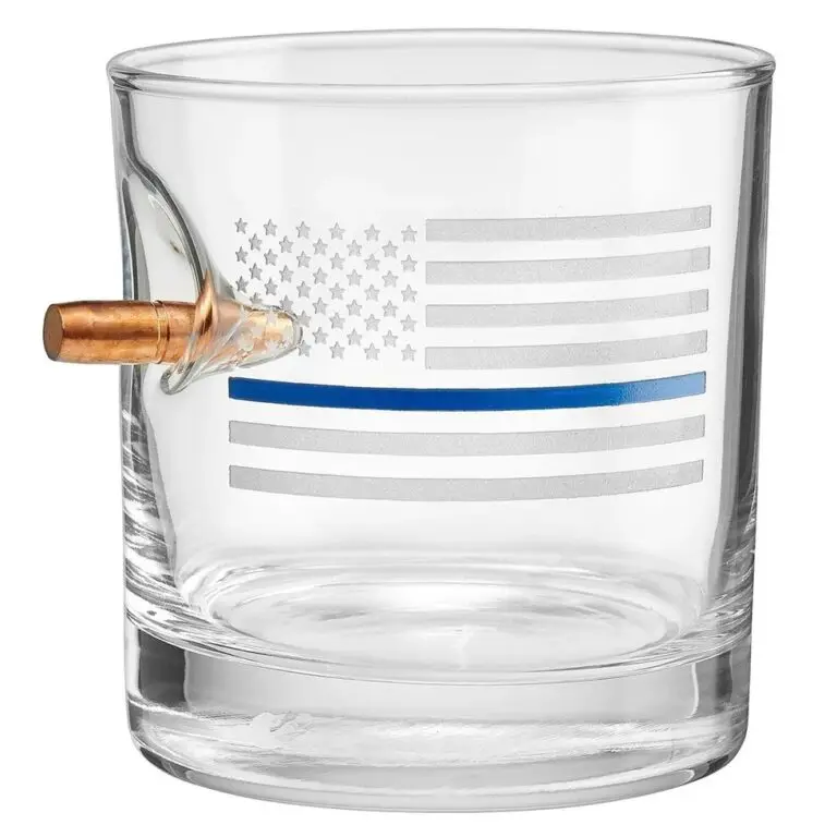 BenShot Thin Blue Line whiskey glass with embedded bullet and law enforcement flag design