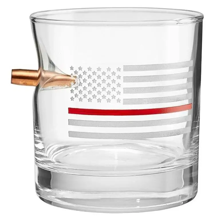 BenShot Thin Red Line rocks glass with bullet embedded and American flag design