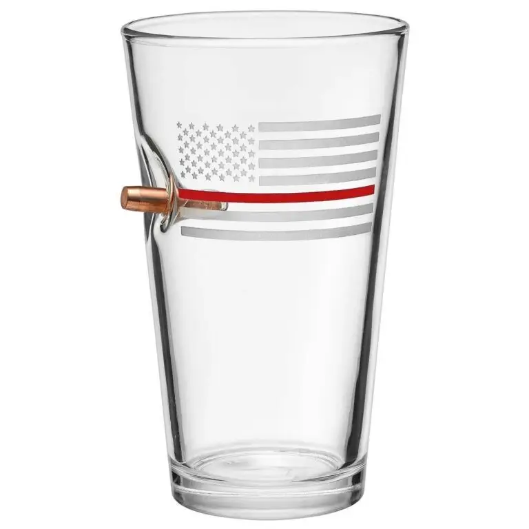 BenShot Thin Red Line pint glass with embedded bullet and American flag design