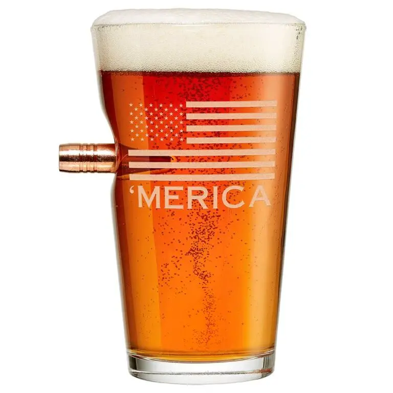 BenShot pint glass with etched 'Merica and American flag design and embedded bullet