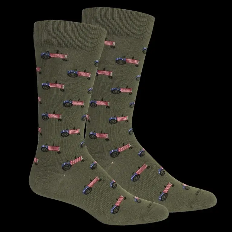 Olive green crew socks with American flag tractors by Brown Dog Hosiery