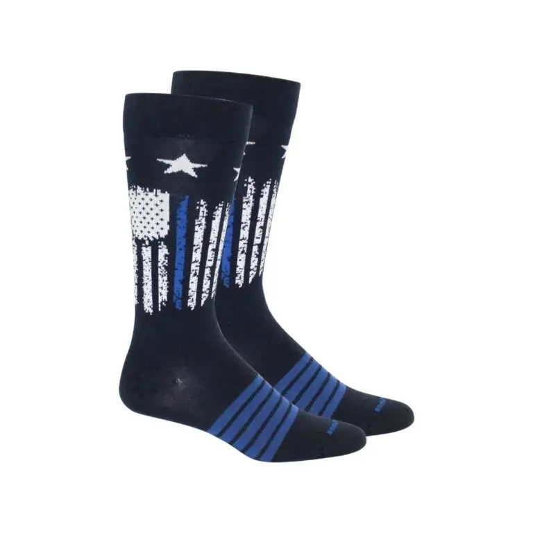 Black socks with distressed white American flag and blue line stripes