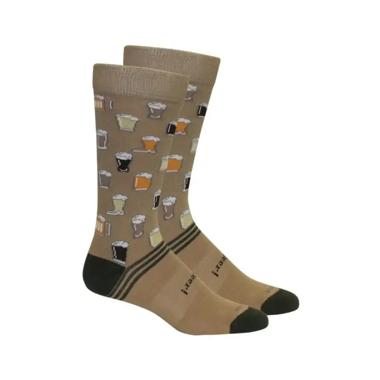 Khaki crew socks covered in various beer glasses and mugs